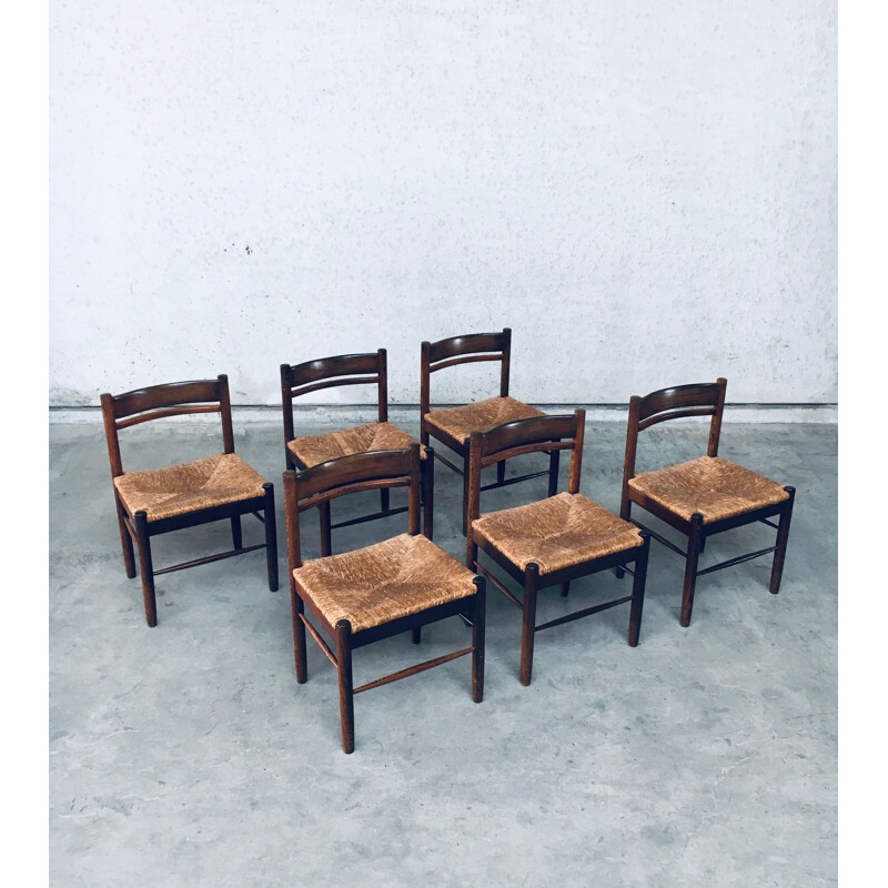 Set van 6 vintage stoelen in wengé en papierkoord, België 1960