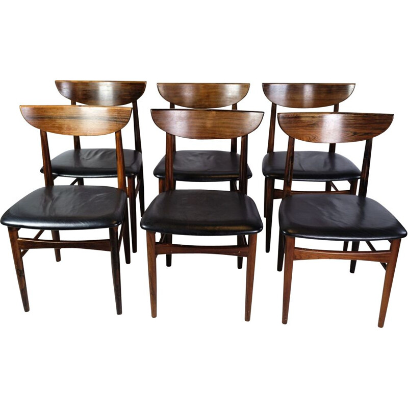 Set of 6 vintage dining chairs in rosewood with black leather, 1960s