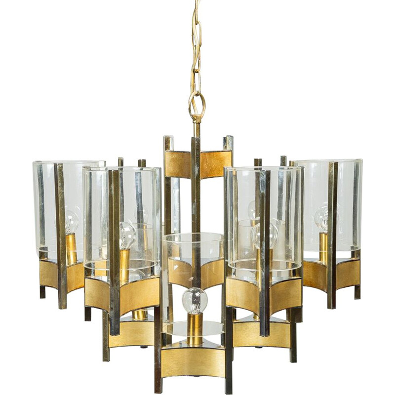 Vintage chrome and brushed brass chandelier by Gaetano Sciolari, 1960