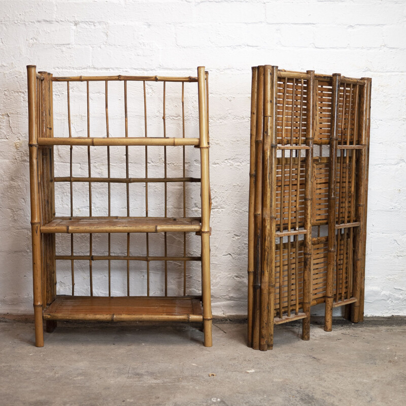 Pair of vintage bamboo folding campaign shelves, 1930s