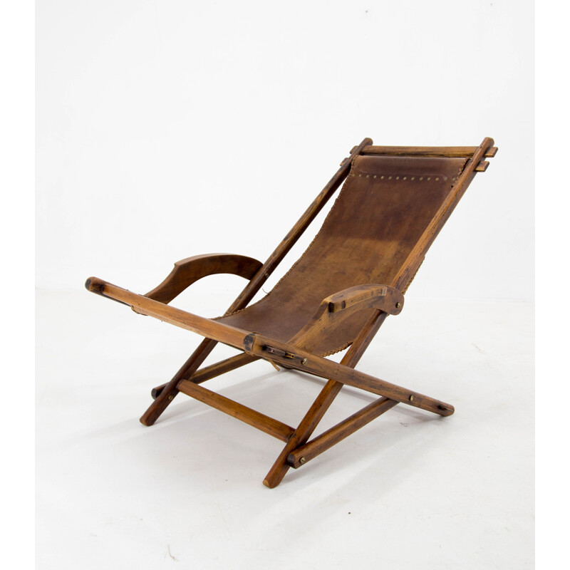 Vintage elmwood and leather rocking chair, Czechoslovakia 1960s