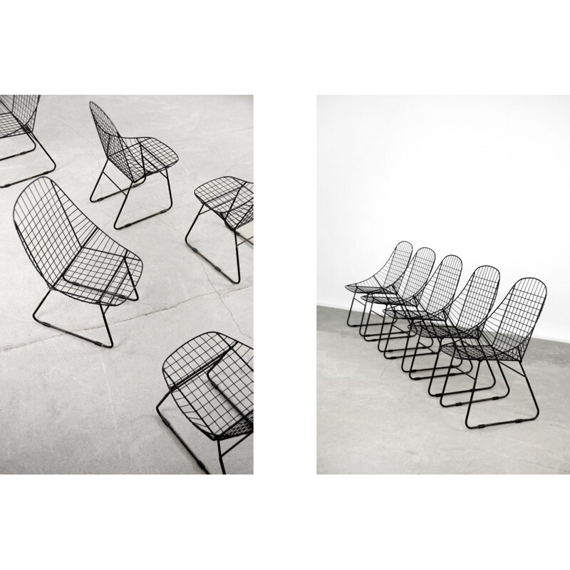 5 chaises vintage scandinave moderne mid-century minimaliste en fil de fer  noir, 1960