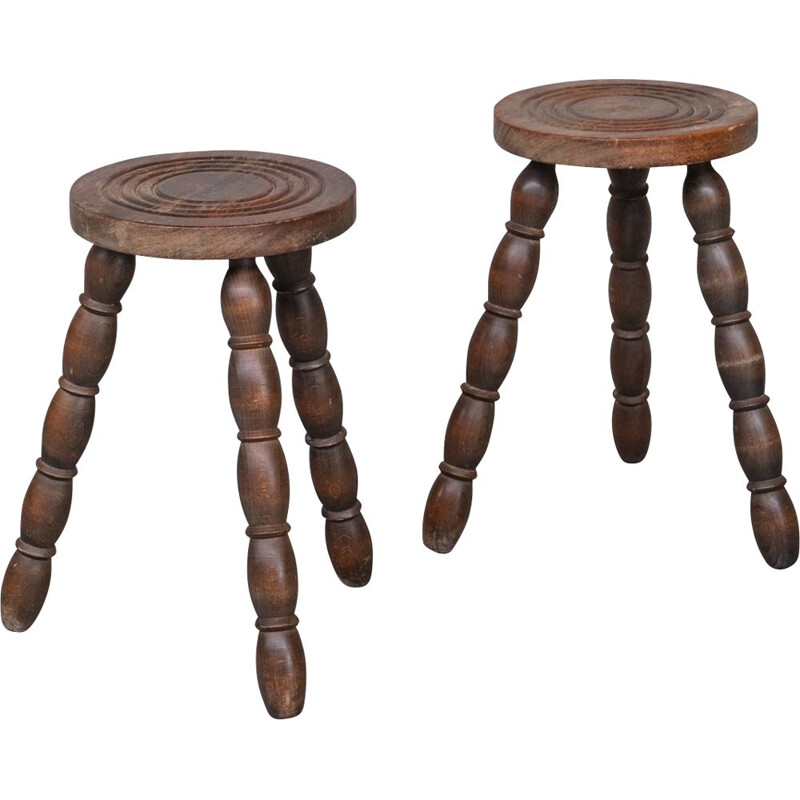 Pair of oakwood French mid-century Bobbin stools, 1940s