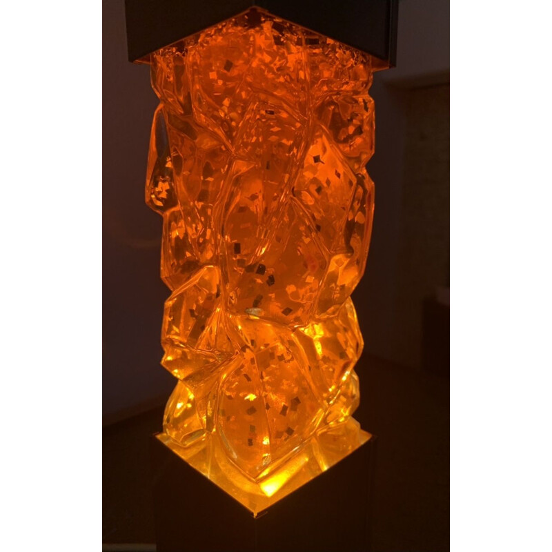 Lampe à lave vintage en aluminium brossé paillettes orange 1970