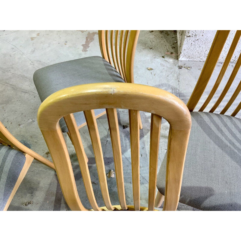 Juego de 6 sillas escandinavas vintage de madera de haya y tela gris