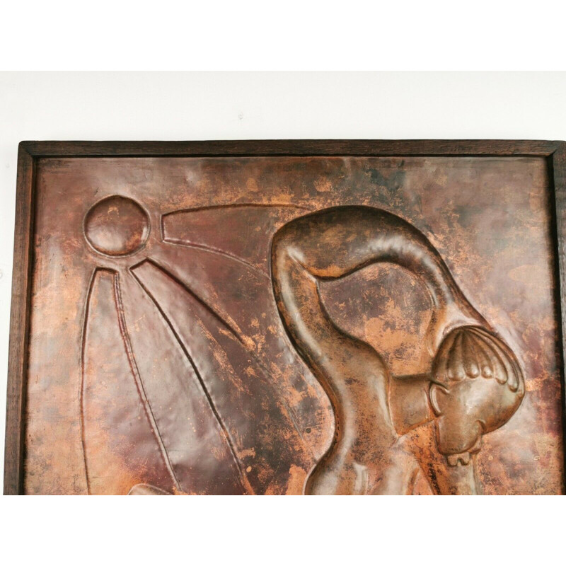 Art africain vintage en cuivre encadré par Kasongo Kamba, 1979