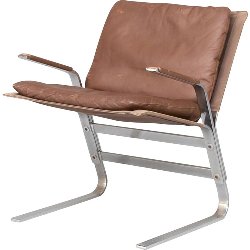 Slaapzaal gebruik Over het algemeen Vintage fauteuil in metaal, canvas en leer