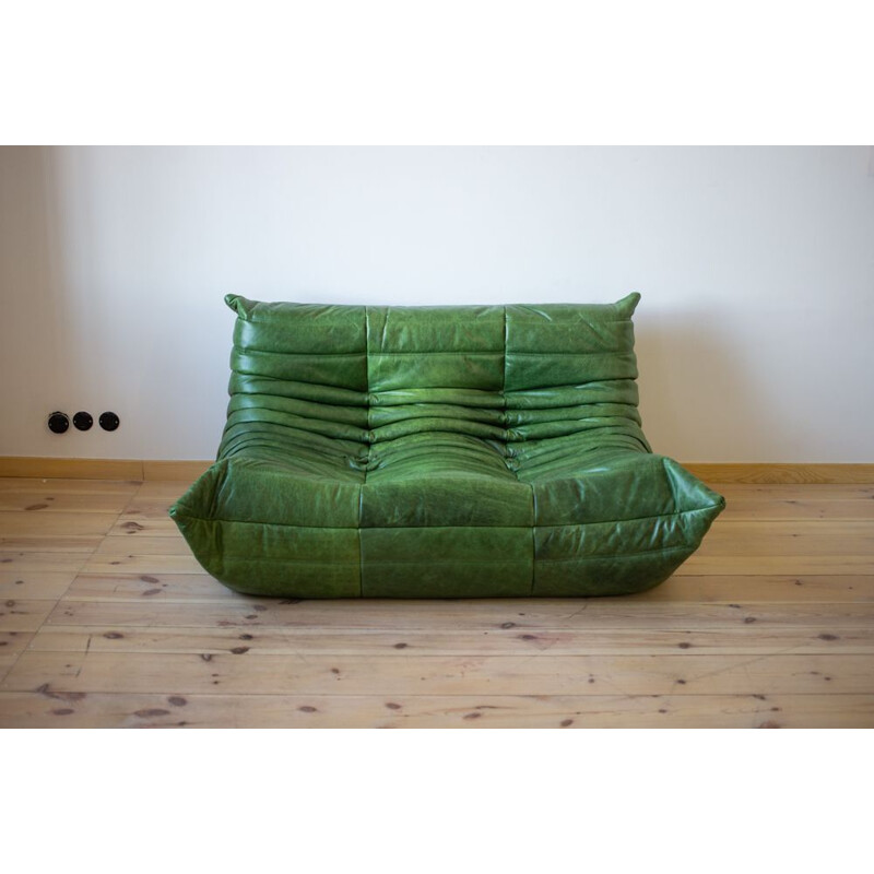 Vintage Togo sofa in Dubai green leather by Michel Ducaroy for Ligne Roset