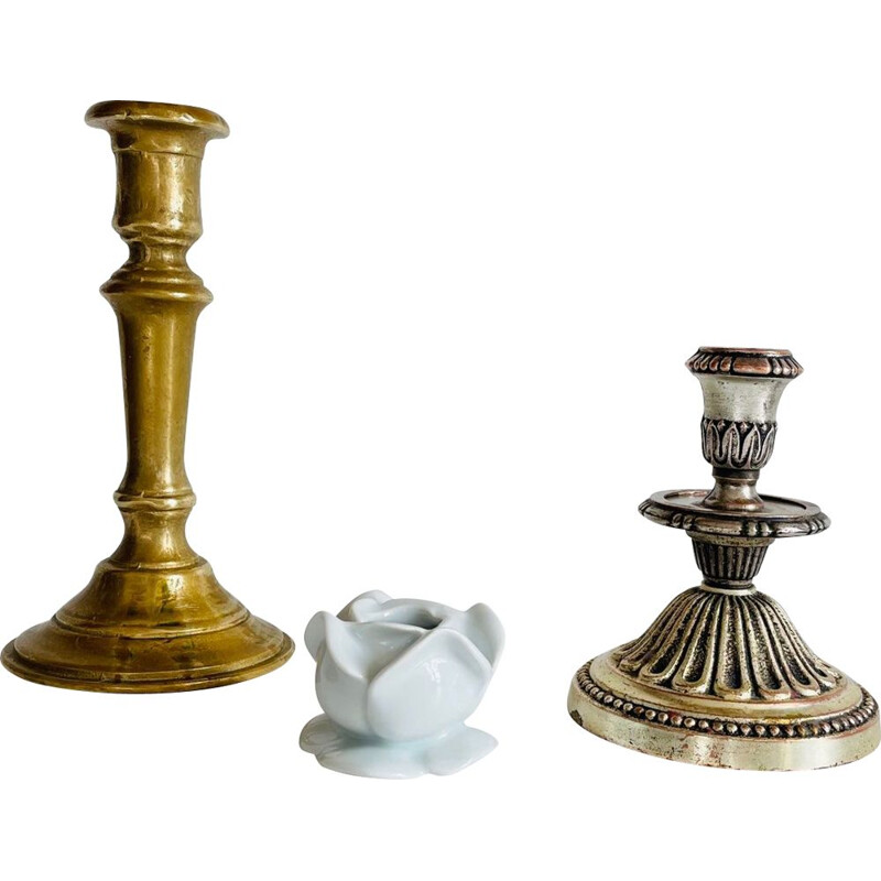Set aus 3 Vintage-Kerzenhaltern aus Porzellan und Messing, Indien