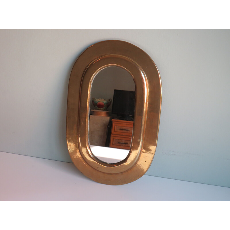 Miroir ovale vintage en cuivre, 1970-1980