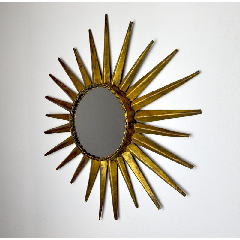 Miroir soleil vintage en métal doré à la feuille d'or, Italie 1970