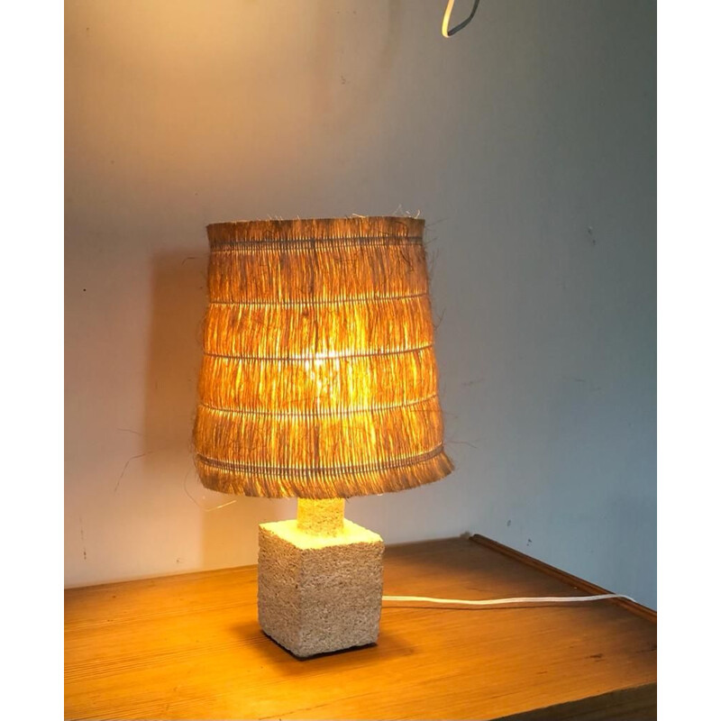 Vintage stone lamp with natural fiber shade, 1960