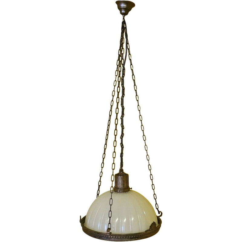 Vintage bronze and milk glass pendant lamp, 1900s