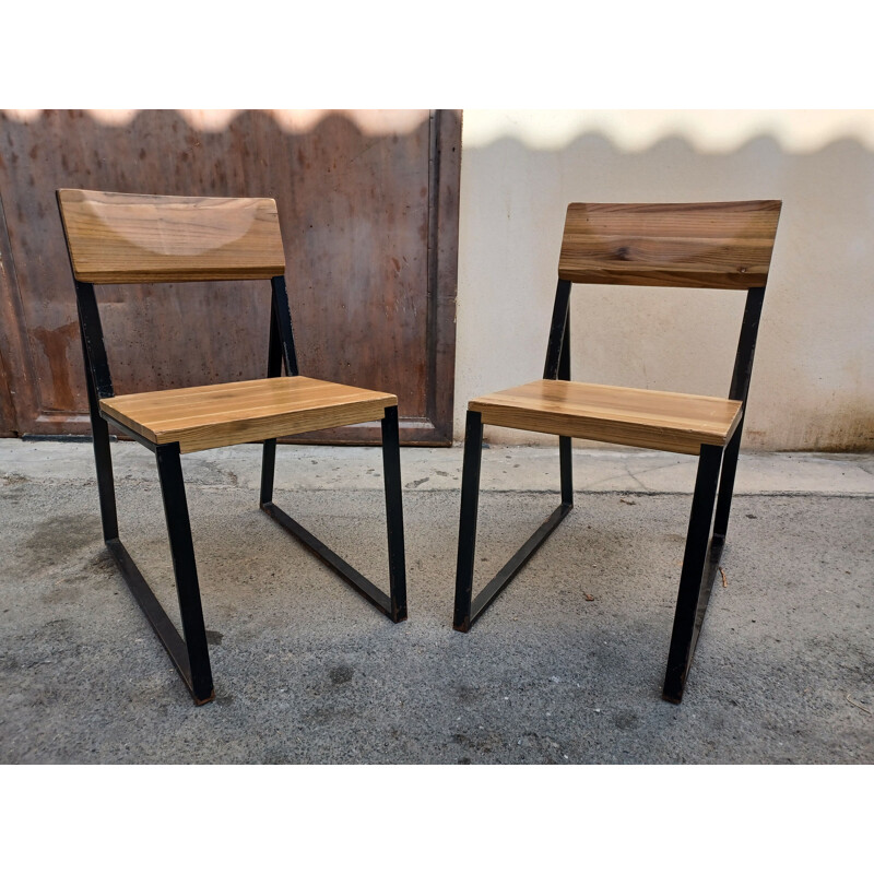Paire de chaises industrielle en métal et bois