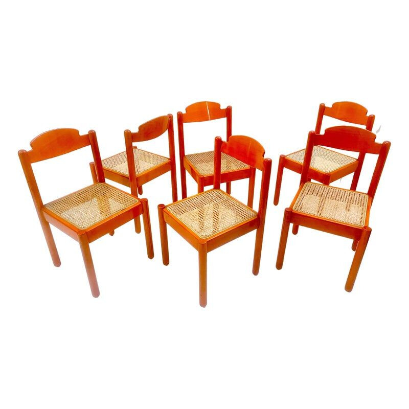 Ensemble de 6 chaises vintage en bois orange, Italie 1960