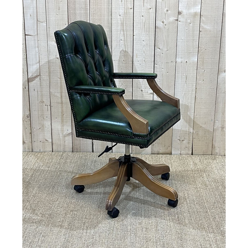 Vintage English Chesterfield desk chair in green leather, 1980s