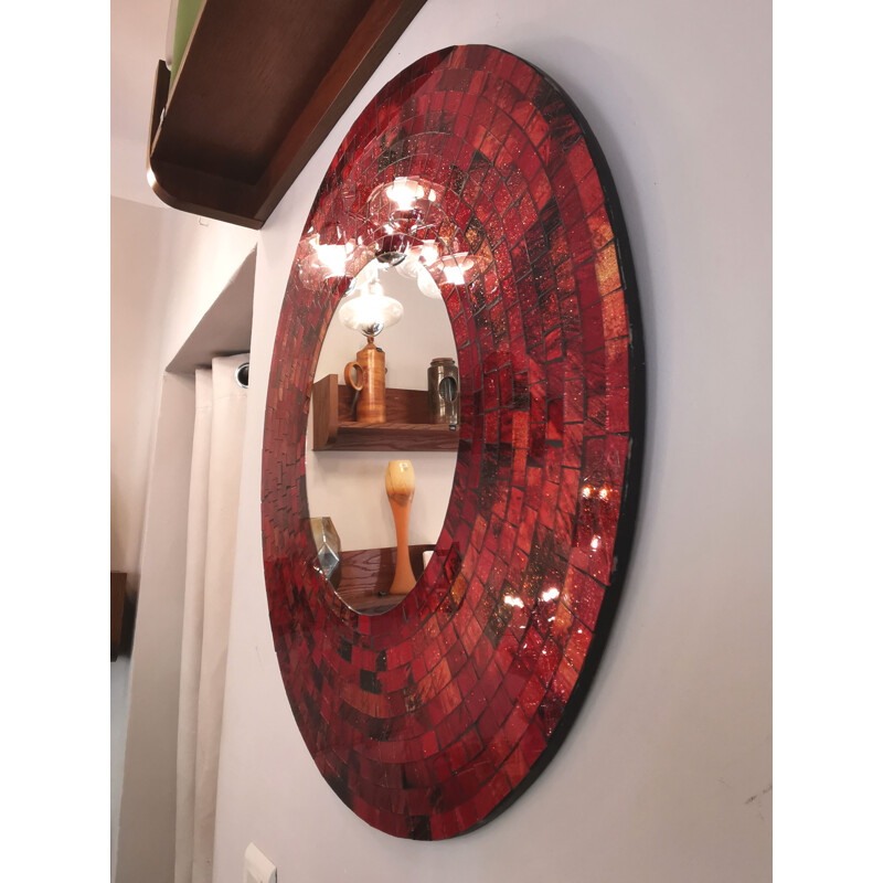 Specchio vintage in legno nero e mosaico