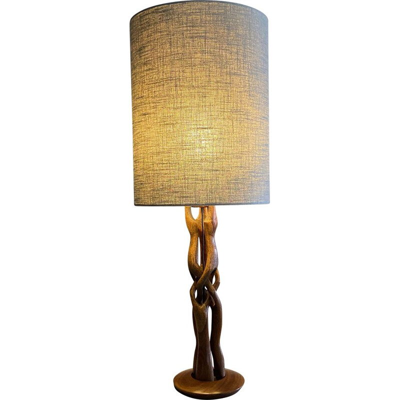Danish hand carved mid century sculptural wooden table lamp