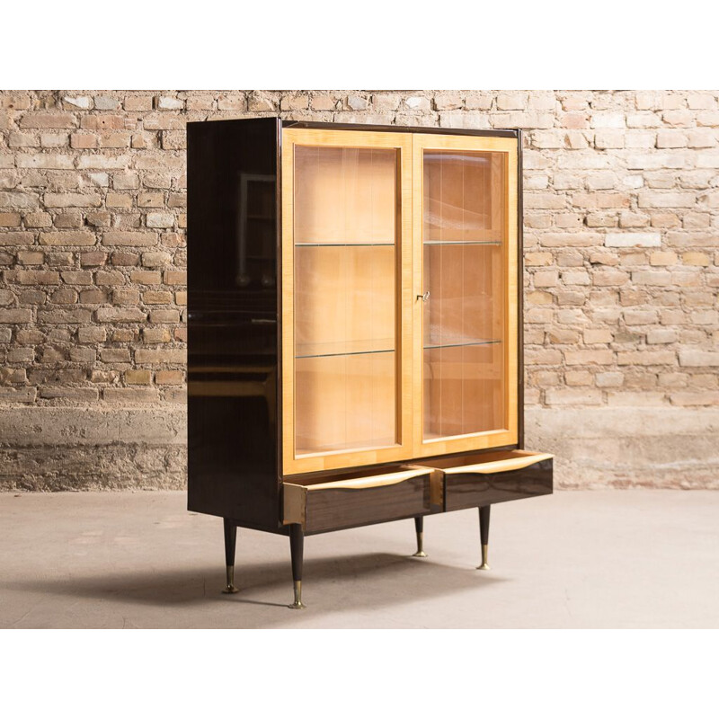 Vintage display cabinet on legs with 2 drawers