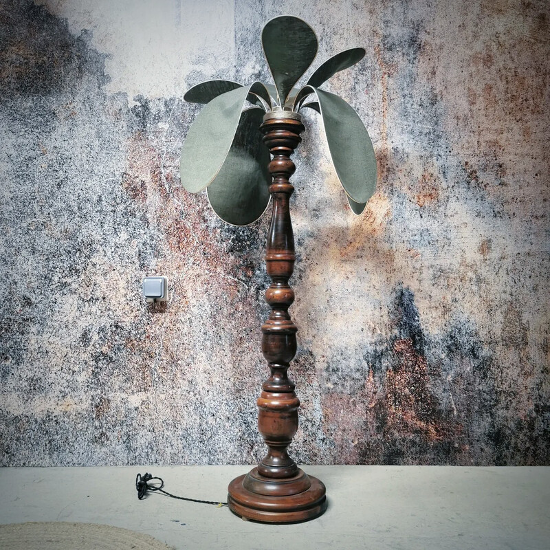 Vintage palmboom lamp in gedraaid hout, linnen en rotan