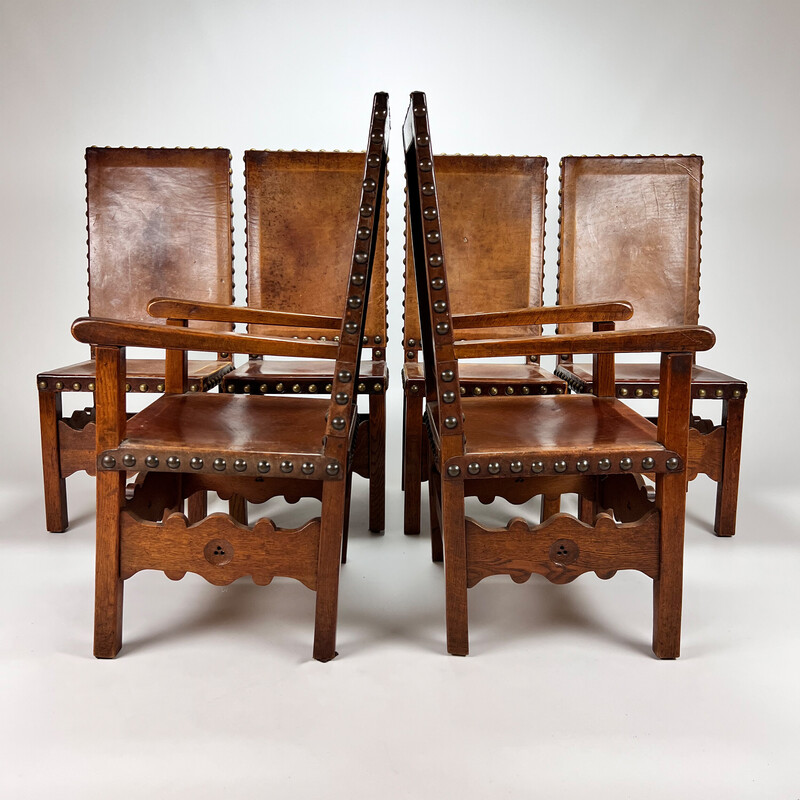 Juego de 6 sillas de comedor Castle de madera de roble y cuero, Países  Bajos 1900