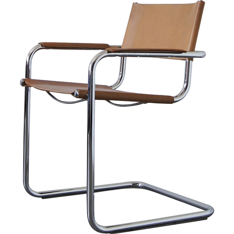 Cadeira italiana Vintage Bauhaus com tubos de aço e couro patinado