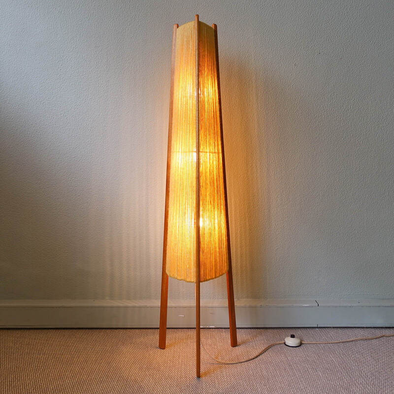 Teakholz Jute, aus 1960 Skandinavische Vintage-Dreibein-Stehlampe und