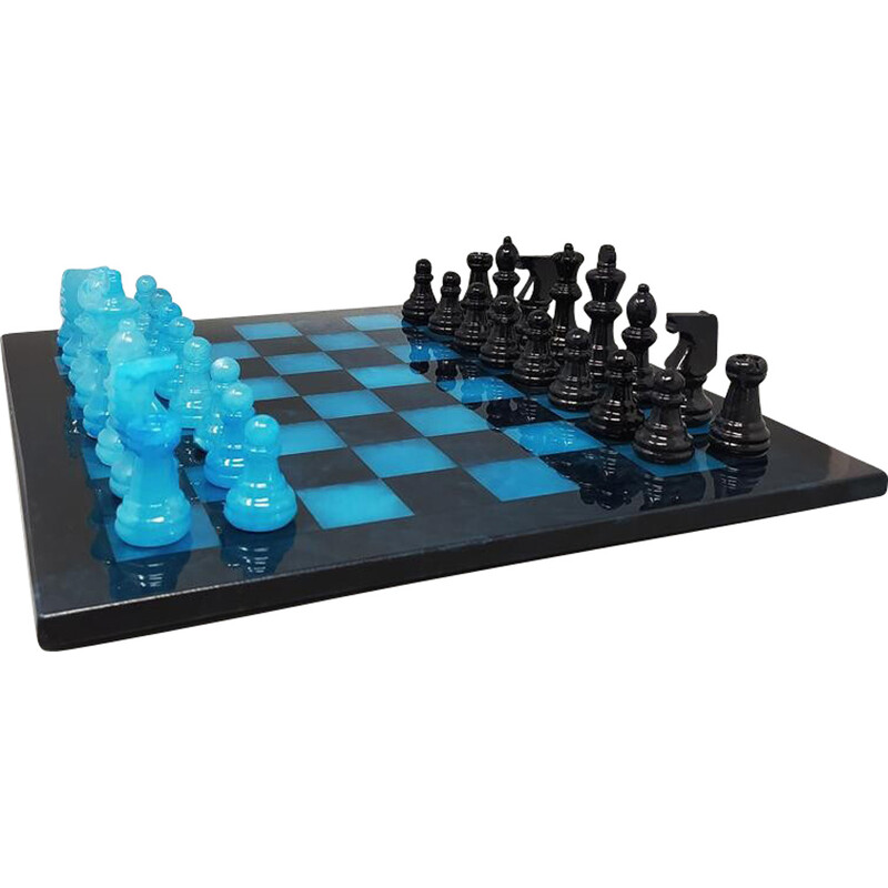 Vintage blauw en zwart handgemaakt albasten schaakspel uit Volterra, Italië  1970
