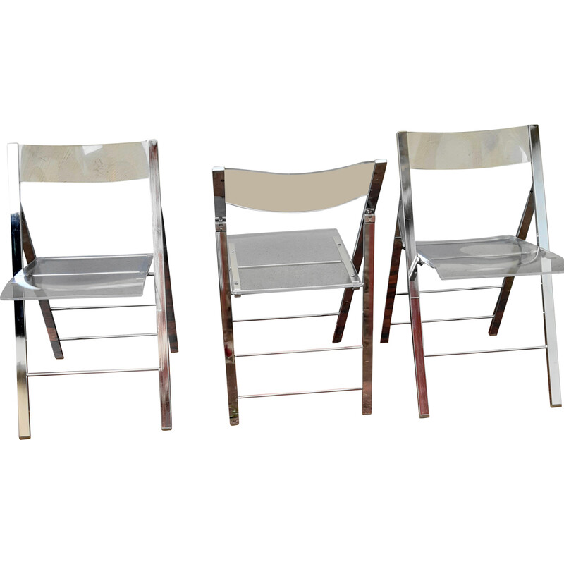 Set di 3 sedie pieghevoli vintage in metallo cromato e plexiglass, 1970