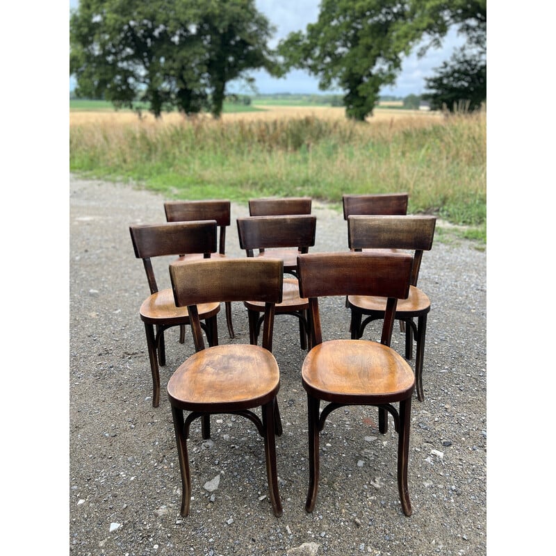 Lot de 8 chaises bistrot vintage Baumann en bois miel, 1950