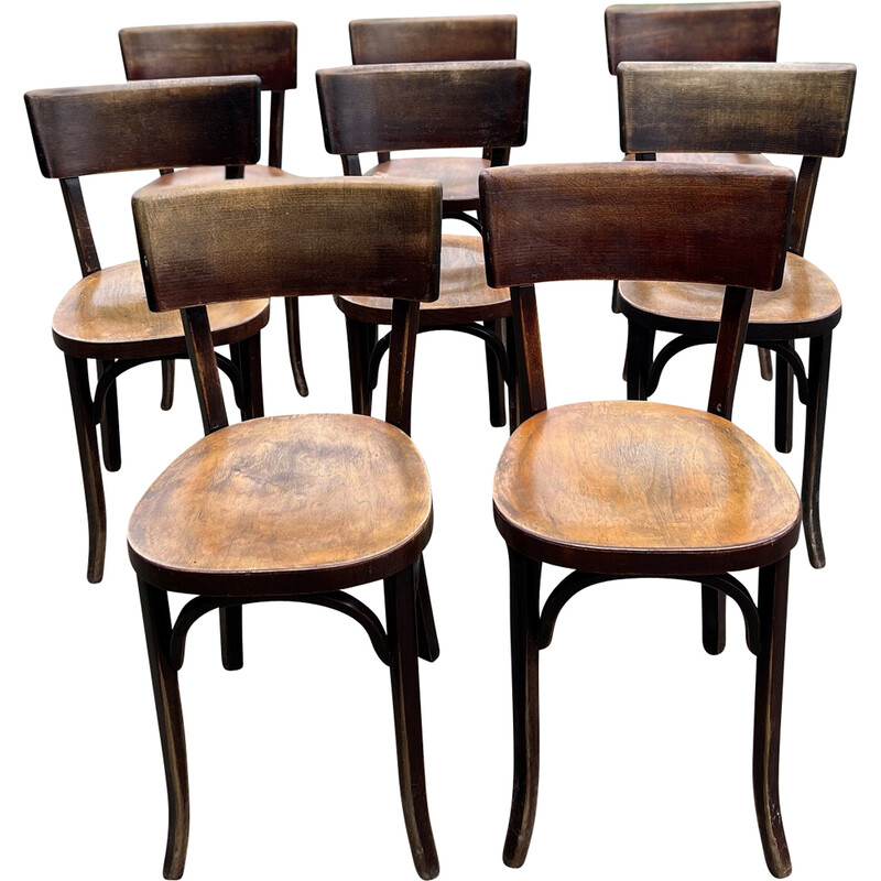 Set di 8 sedie da bistrot vintage in legno di miele Baumann, 1950