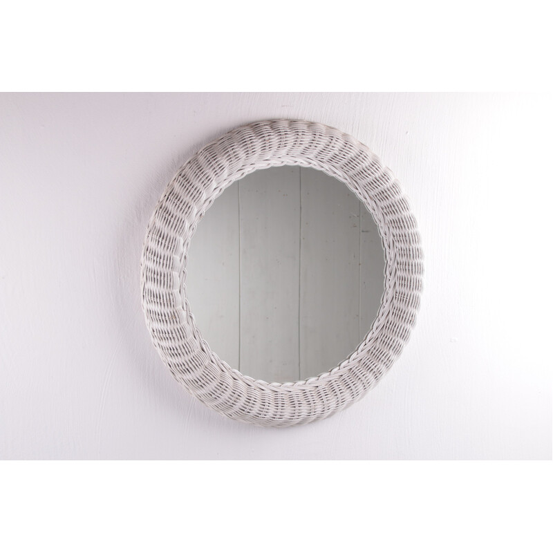Scandinavian vintage round white rattan mirror