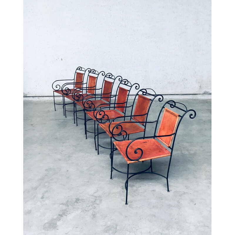 Ensemble de 6 chaises vintage Swirl en fer forgé et cuir cognac, Espagne  1960