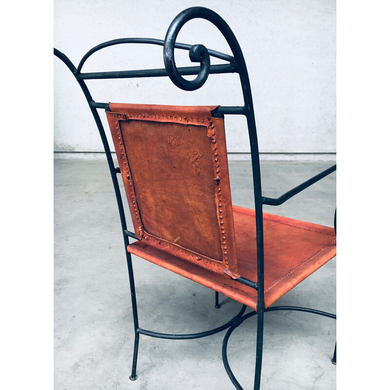 Ensemble de 6 chaises vintage Swirl en fer forgé et cuir cognac, Espagne  1960