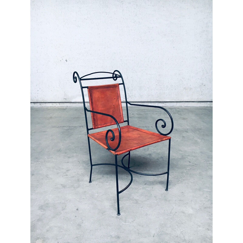 Set di 6 sedie vintage Swirl in ferro battuto e pelle cognac, Spagna 1960