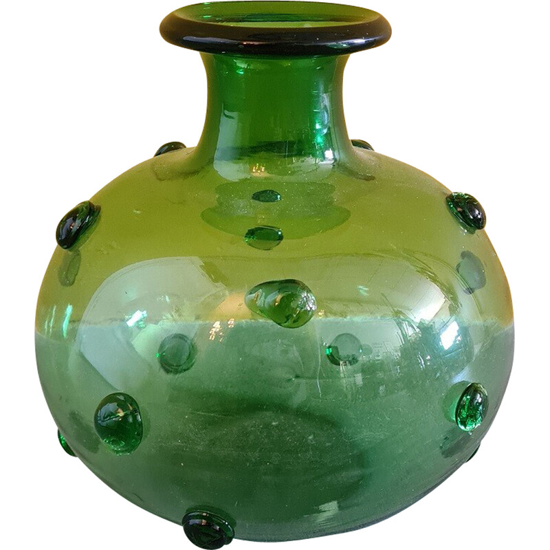 Vase vintage en verre vert soufflé à la bouche, 1900