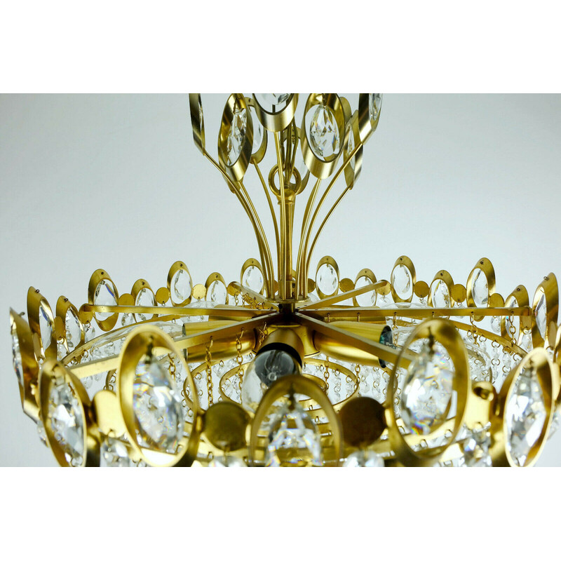 Vidro de cristal vintage e lustre de latão dourado de Palwa, Alemanha  Ocidental 1960
