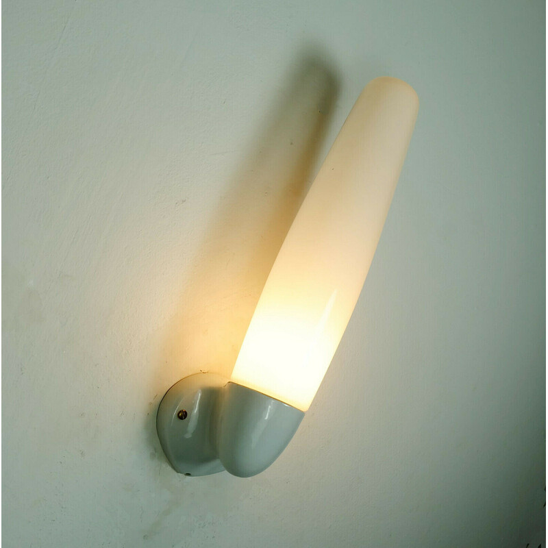 Vintage opaline glass and ceramic wall lamp by Wilhelm Wagenfeld for  Lindner GmbH, Germany 1955s