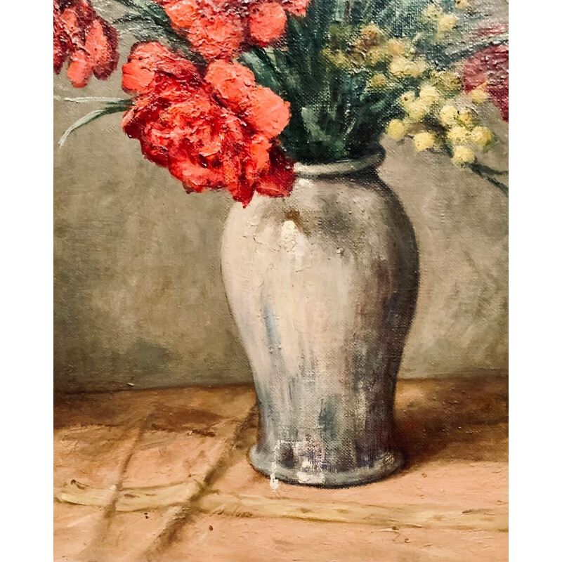Vintage painting on canvas "Vase De Fleurs sur un entablement" by E. Damois