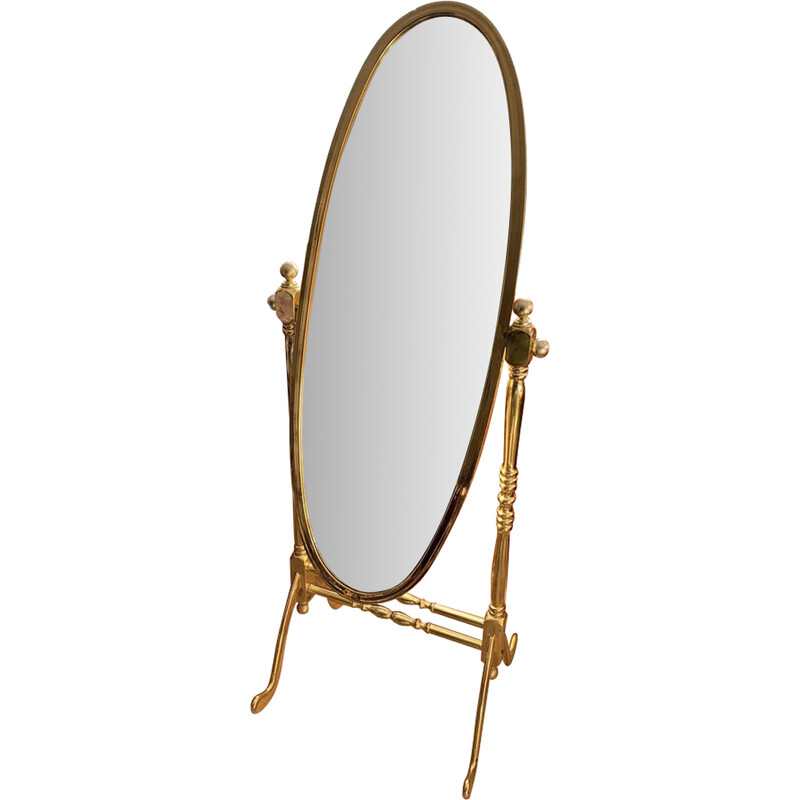 Vintage Italian brass standing cheval mirror with oval frame, 1960s