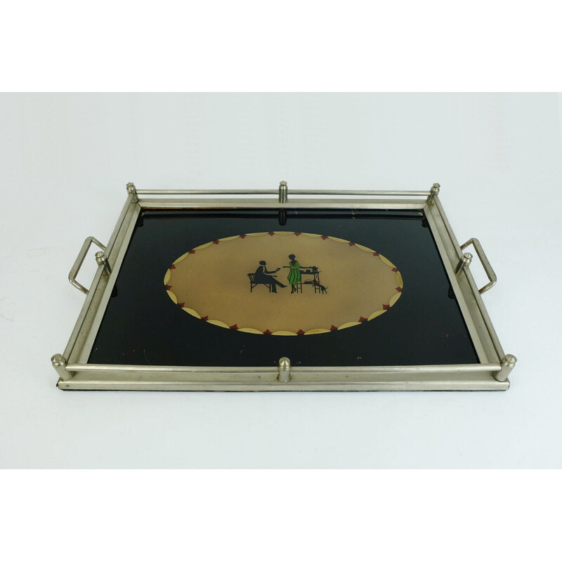 Art déco vintage cocktail serving tray in glass and metal, 1920-1930s