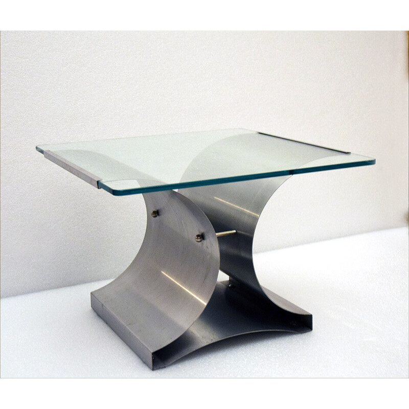 Tavolino vintage in acciaio e vetro curvato di Francois Monnet, anni '70