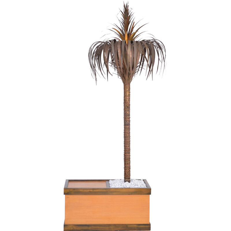 Vintage Italiaanse messing en houten palmboom vloerlamp met meubel, 1970