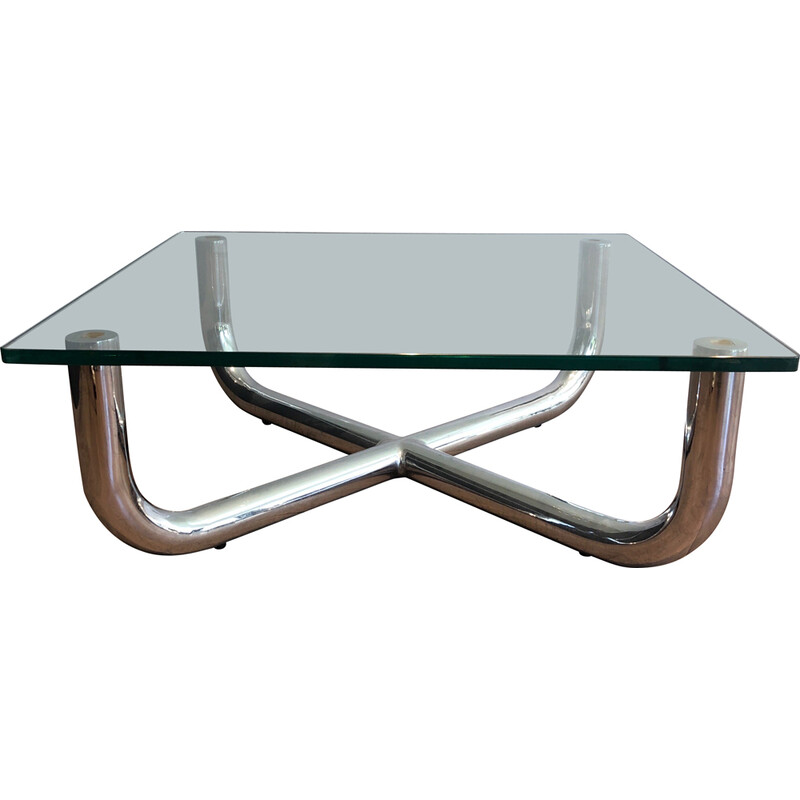 Table basse vintage chromée à plateau de verre