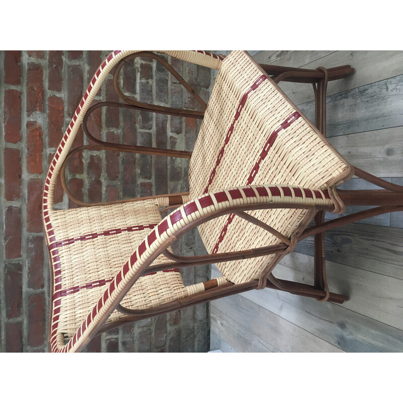 Vintage Outdoor Sessel aus Rattan mit roter Umrandung