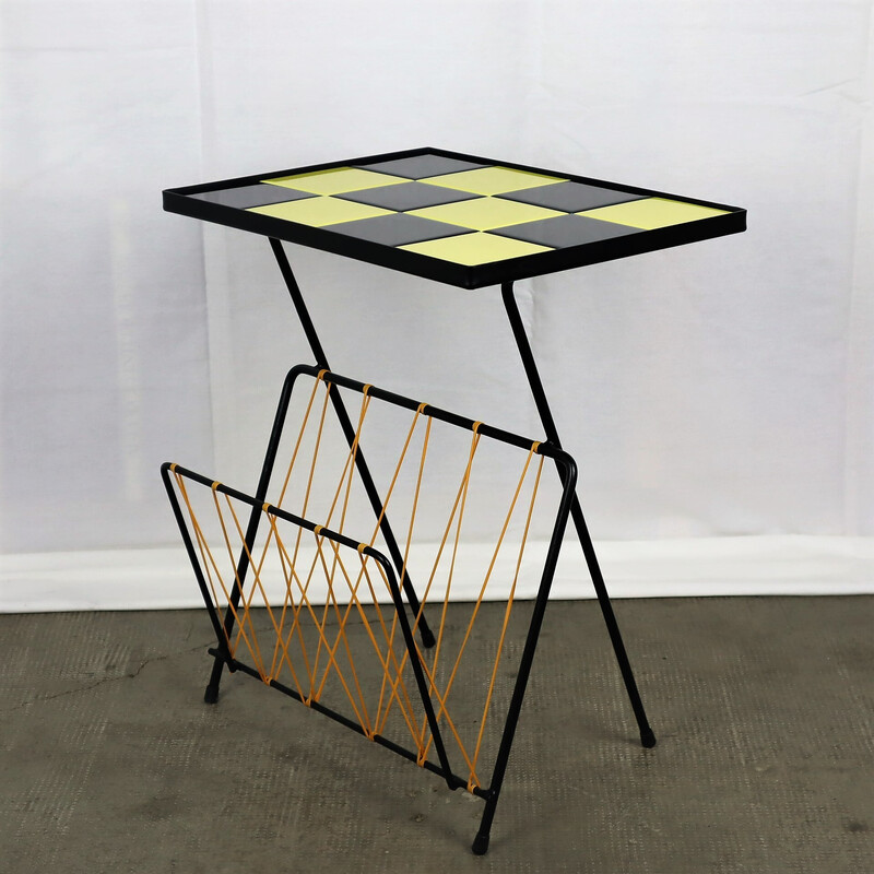 Vintage side table with ceramic checkered newspaper holder, 1960