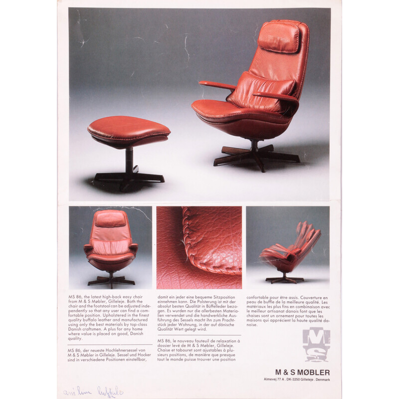 Vintage buffalo leather adjustable armchair and ottoman by M and S Mobler,  Denmark 1960s