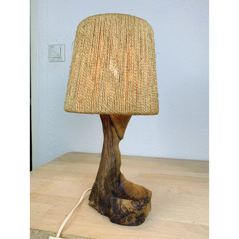 Vintage Brutalist lamp in olive wood and rope