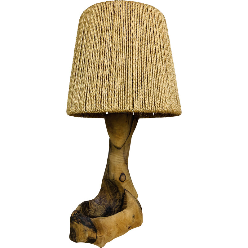 Lampe brutaliste vintage en bois d'olivier et corde