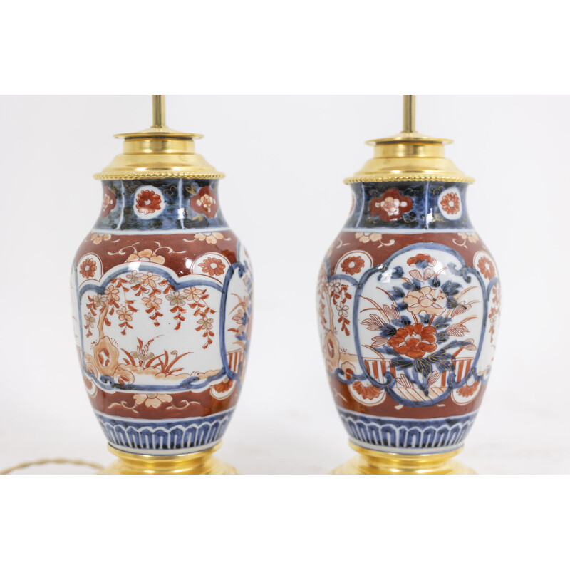 Pareja de lámparas antiguas de porcelana Imari y bronce dorado, 1880